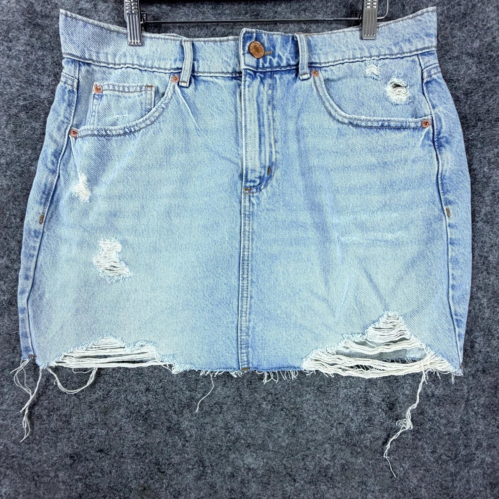 Garage Jean Skirt Women Large Blue Denim Light Wash Distressed Frayed Grunge 90s